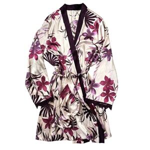 Gilligan & O'Malley Sleepwear Belted Satin Lace Robe Floral‎ Print Purple XXL